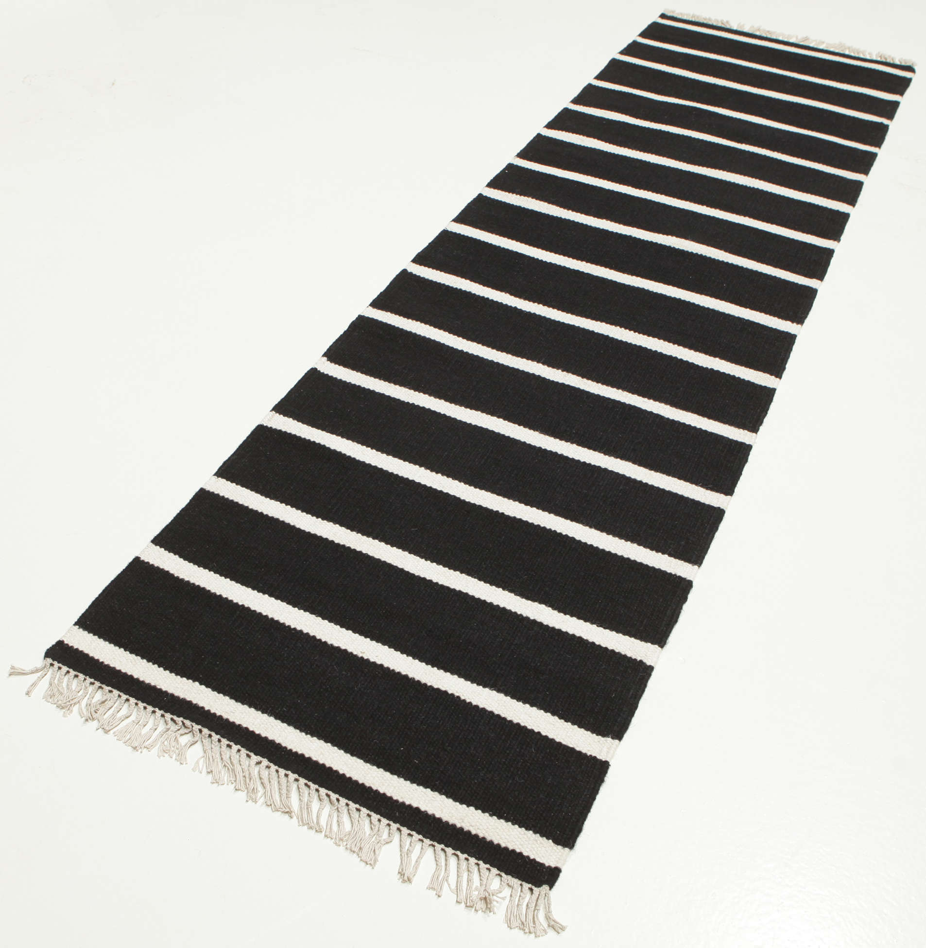 Dorri Stripe - Schwarz / Weiß, Läufer 80 x 300 cm Wollteppich - Rugvista