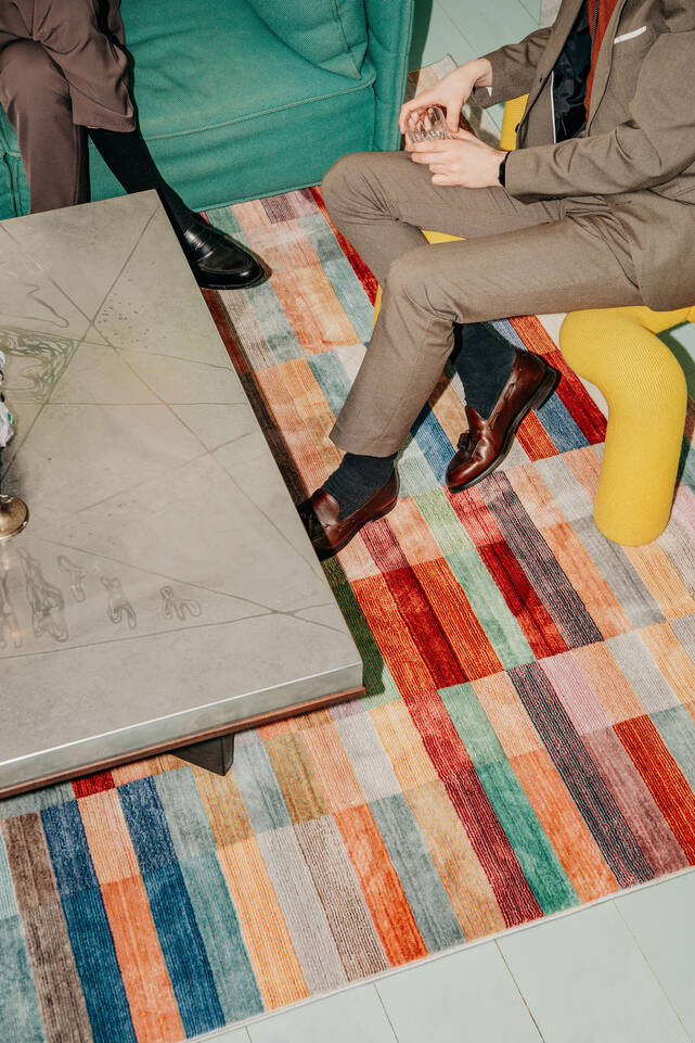 White  aqua silk -  Carpet in a living room.