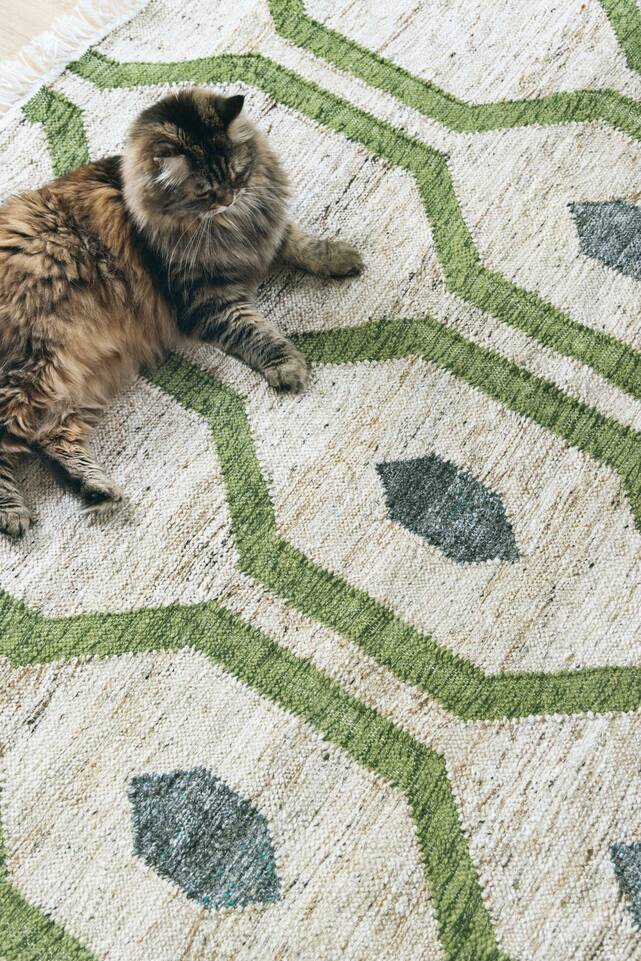 Alfombra pet yarn kilim verde  en salón.