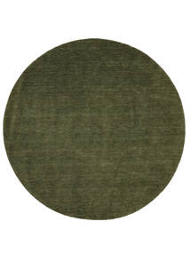  Ø 300 Einfarbig Groß Handloom Teppich - Grün Wolle