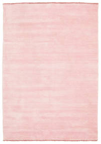  140X200 Plain (Single Colored) Small Handloom Fringes Rug - Pink Wool