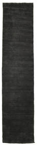  80X350 Plain (Single Colored) Small Handloom Fringes Rug - Black/Grey Wool