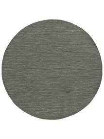 Kelim Loom Ø 250 Large Dark Grey Plain (Single Colored) Round Wool Rug