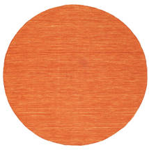 Kelim Loom Ø 150 Small Orange Plain (Single Colored) Round Wool Rug