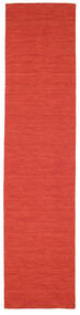  80X350 Plain (Single Colored) Small Kilim Loom Rug - Red Wool