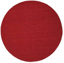 Kelim Loom Ø 300 Large Dark Red Plain (Single Colored) Round Wool Rug