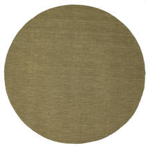 Kelim Loom Ø 300 Large Olive Green Plain (Single Colored) Round Wool Rug