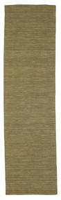  80X300 Plain (Single Colored) Small Kilim Loom Rug - Olive Green Wool