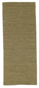 80X200 Plain (Single Colored) Small Kilim Loom Rug - Olive Green Wool