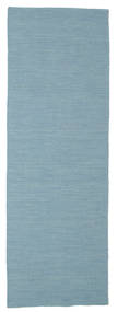  80X250 Jednobarwny Mały Kilim Loom Dywan - Niebieski Wełna