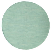 Kelim Loom Ø 150 Small Mint Green Plain (Single Colored) Round Wool Rug
