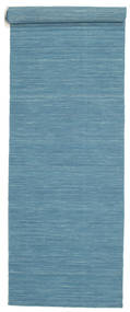  80X300 Jednobarwny Mały Kilim Loom Dywan - Niebieski Wełna