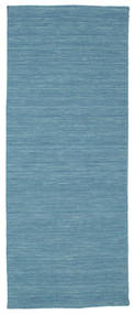  80X200 Plain (Single Colored) Small Kilim Loom Rug - Blue Wool