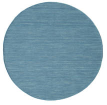 Kelim Loom Ø 150 Small Blue Plain (Single Colored) Round Wool Rug