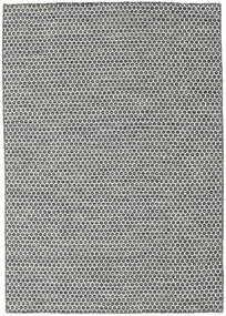  140X200 Plain (Single Colored) Small Kilim Honey Comb Rug - Black/Grey Wool