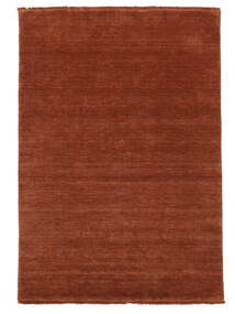  100X160 Plain (Single Colored) Small Handloom Fringes Rug - Rust Red Wool, 