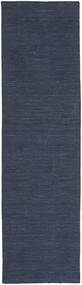  80X300 Plain (Single Colored) Small Kilim Loom Rug - Navy Blue Wool