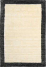  200X300 Plain (Single Colored) Handloom Frame Rug - Black/White Wool