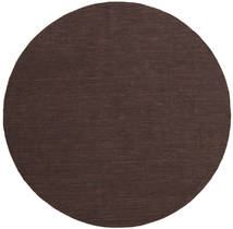 Kelim Loom Ø 300 Large Dark Brown Plain (Single Colored) Round Wool Rug
