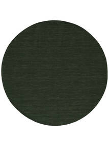Kelim Loom Ø 250 Large Forest Green Plain (Single Colored) Round Wool Rug