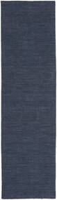  80X400 Plain (Single Colored) Small Kilim Loom Rug - Navy Blue Wool