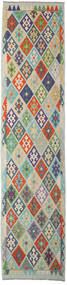 Tapete Oriental Kilim Afegão Old Style 90X395 Passadeira Cinzento/Verde (Lã, Afeganistão)