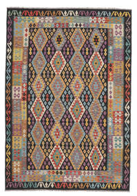 絨毯 キリム アフガン オールド スタイル 206X300 ブラック/茶色 (ウール, アフガニスタン)