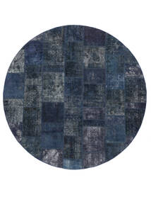 Tapete Patchwork Ø 250 Redondo Preto/Azul Escuro Grande (Lã, Pérsia/Irão)