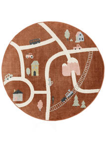  Washable Kids Rug Ø 150 Road Map Rust Red/Multicolor Round Small