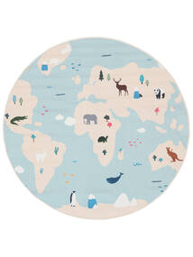 World Map Kids Rug Washable Ø 150 Small Light Blue/Beige Animal Round Cotton